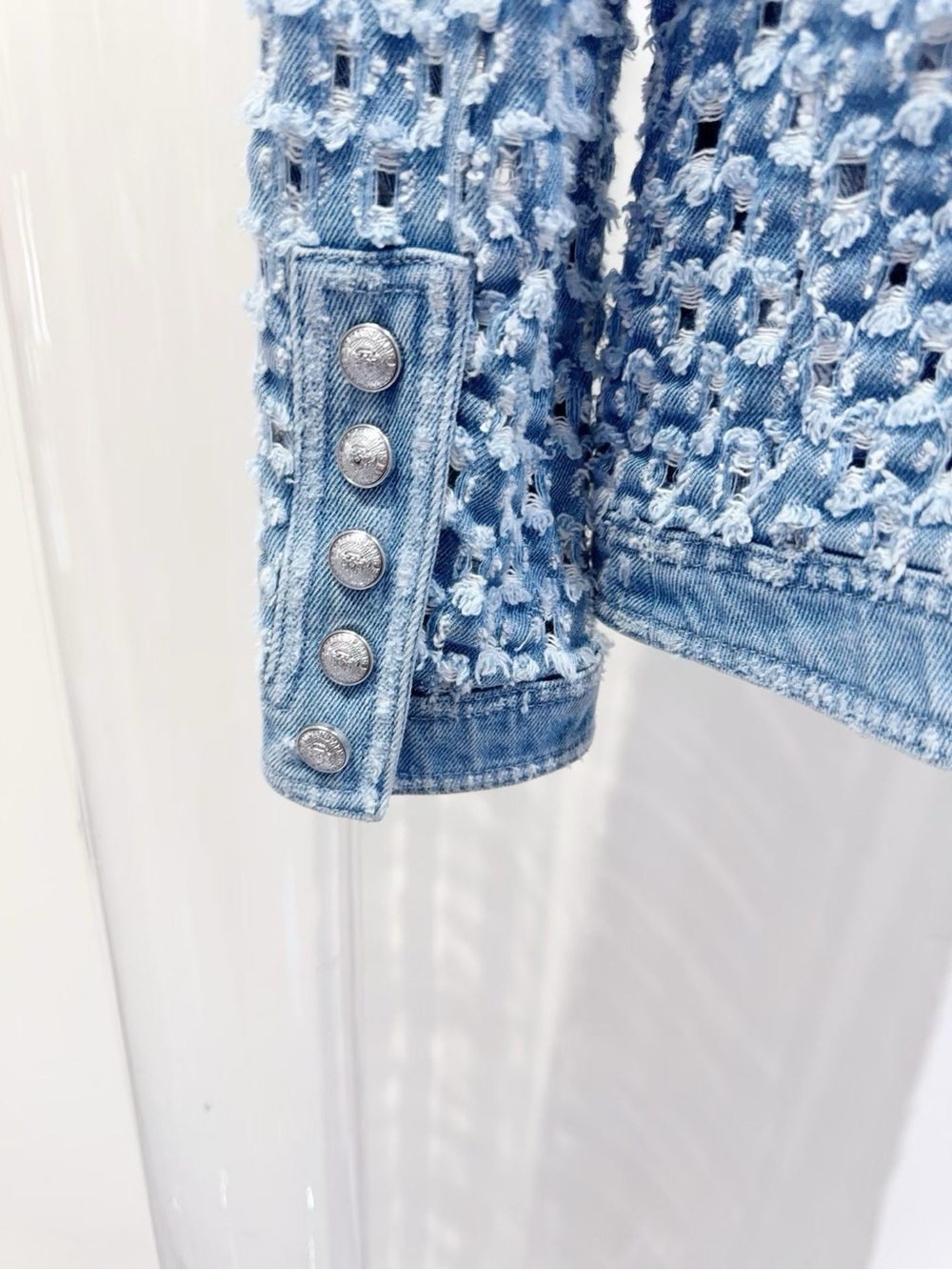 Balmain Light Blue Textured Denim-Trim Jacket - Picture 4 of 7